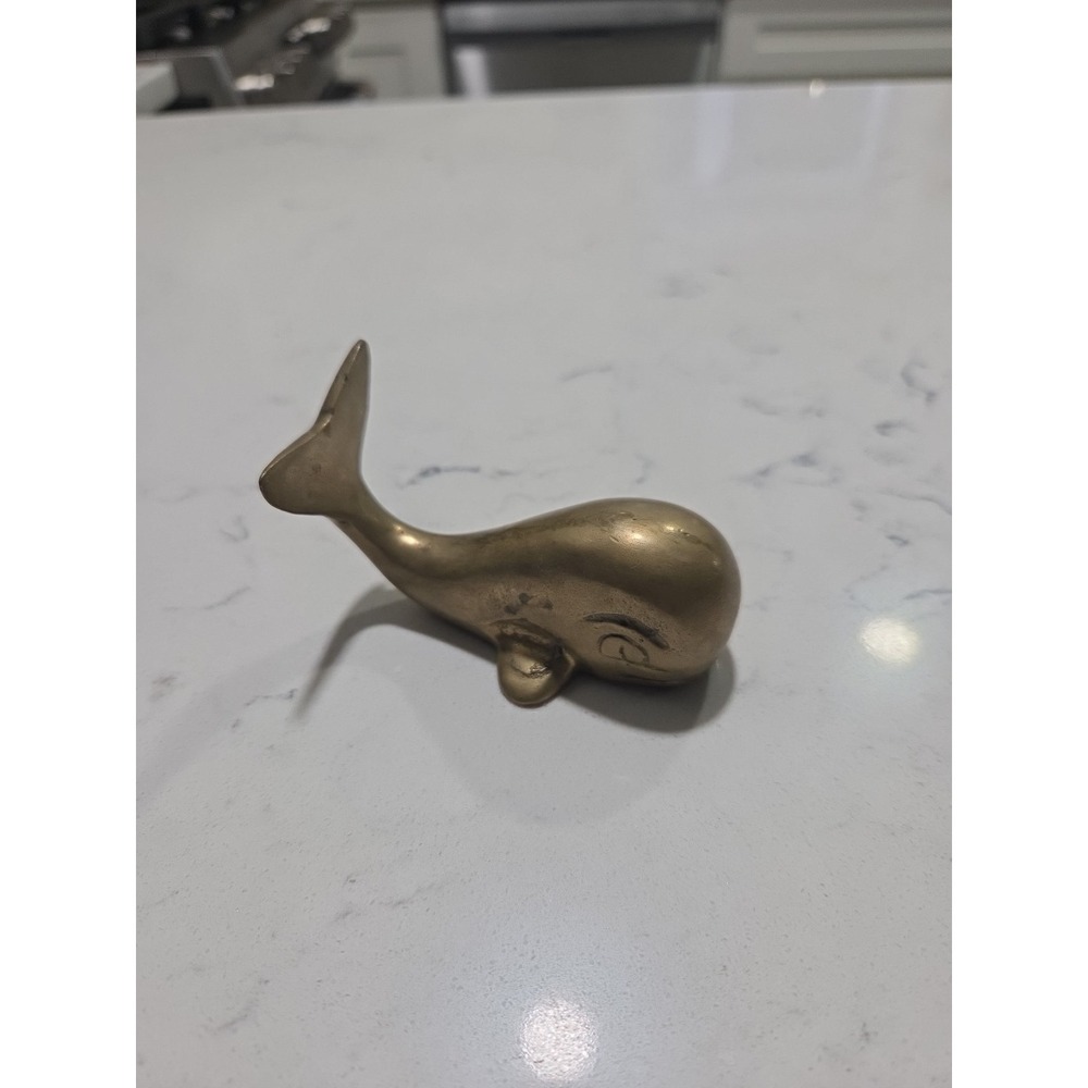 Vintage Brass Whale Paperweight Statue Metal Beach House Ocean Sea Nautical